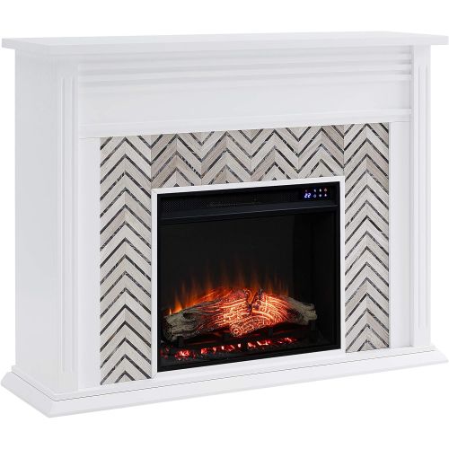  SEI Furniture Hebbington Carrara Marble Tiled Electric Fireplace, New White/Gray