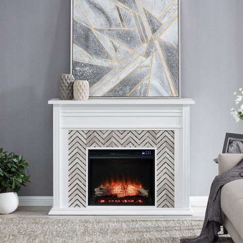  SEI Furniture Hebbington Carrara Marble Tiled Electric Fireplace, New White/Gray