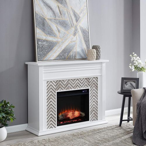  SEI Furniture Hebbington Carrara Marble Tiled Electric Fireplace, New White/Gray