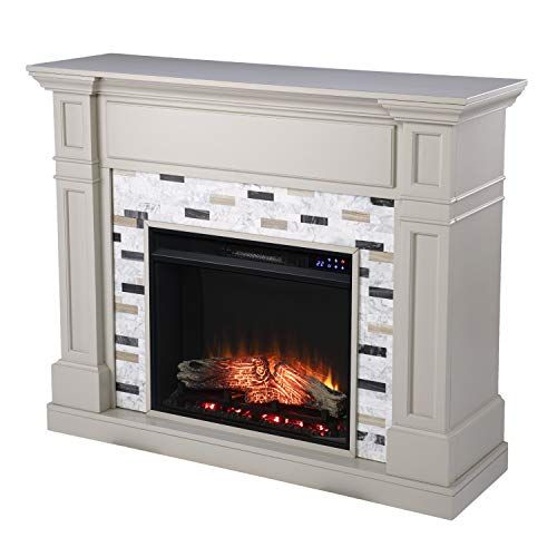  SEI Furniture Birkover Electric Fireplace w/ Marble Surround, New Gray/ Black/ White