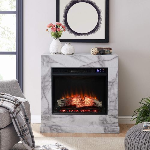  SEI Furniture Dendale Faux Marble Electric Fireplace, New White/Gray Veining