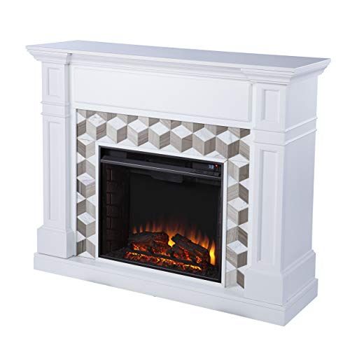  SEI Furniture Darvingmore Electric Fireplace w/ Marble Surround, White/ Brown