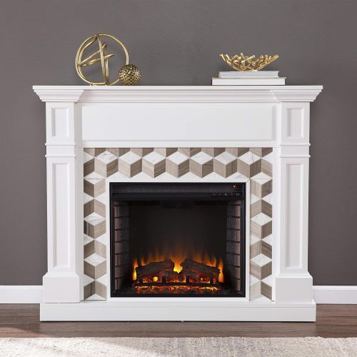  SEI Furniture Darvingmore Electric Fireplace w/ Marble Surround, White/ Brown