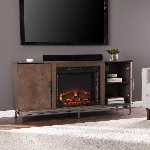  SEI Furniture Dibbonly Electric Fireplace w/ Media Storage, Brown/Silver