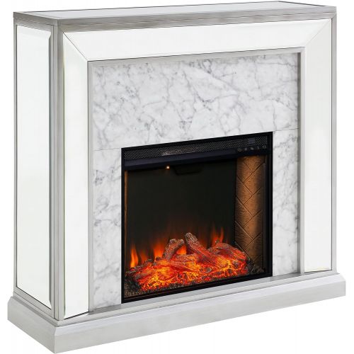  SEI Furniture Trandling Mirrored & Faux Alexa-Enabled Electric Fireplace, Antique Silver/White Marble