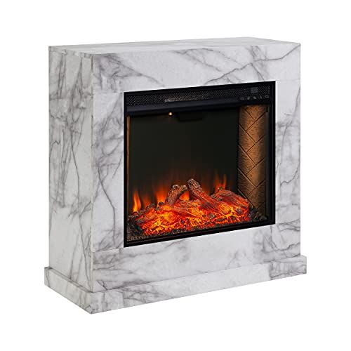  SEI Furniture Dendale Faux Marble Alexa-Enabled Electric Fireplace, White, Gray Veining