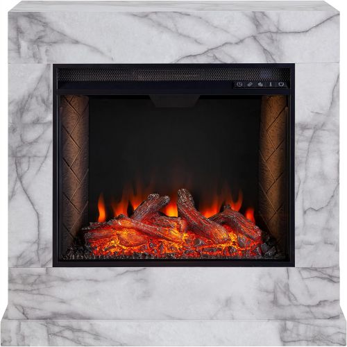  SEI Furniture Dendale Faux Marble Alexa-Enabled Electric Fireplace, White, Gray Veining