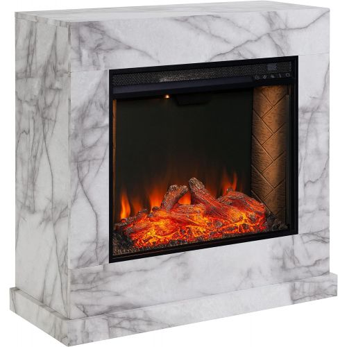  SEI Furniture Dendale Faux Marble Alexa-Enabled Electric Fireplace, White, Gray Veining