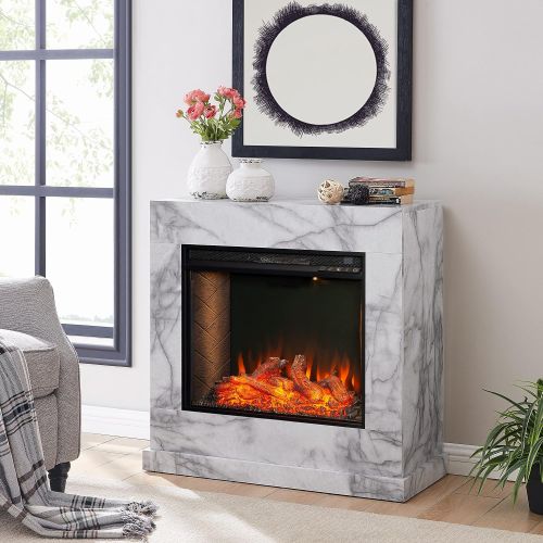  SEI Furniture Dendale Faux Marble Alexa-Enabled Electric Fireplace, White, Gray Veining