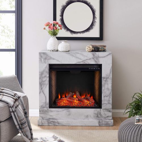  SEI Furniture Dendale Faux Marble Alexa-Enabled Electric Fireplace, White, Gray Veining