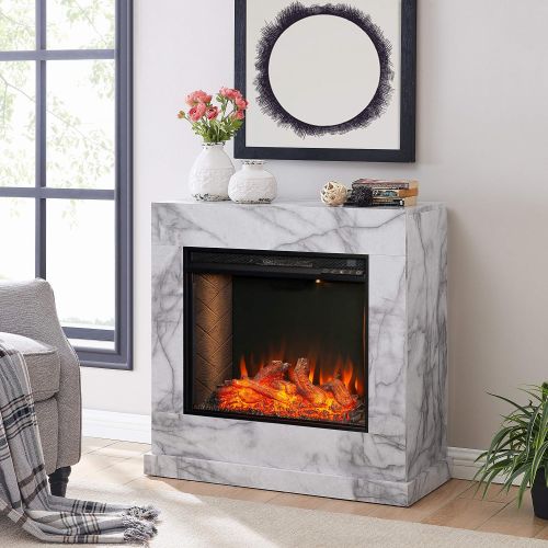  SEI Furniture Dendale Faux Marble Alexa-Enabled Electric Fireplace, White, Gray Veining