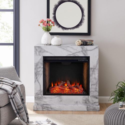  SEI Furniture Dendale Faux Marble Alexa-Enabled Electric Fireplace, White, Gray Veining