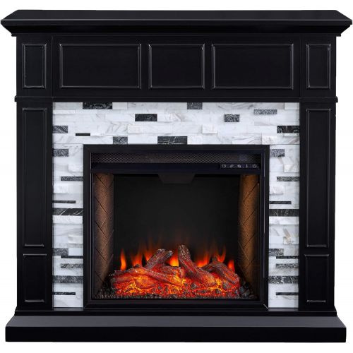  SEI Furniture Drovling Marble Tiled Alexa-Enabled Electric Fireplace, Black/White/Gray