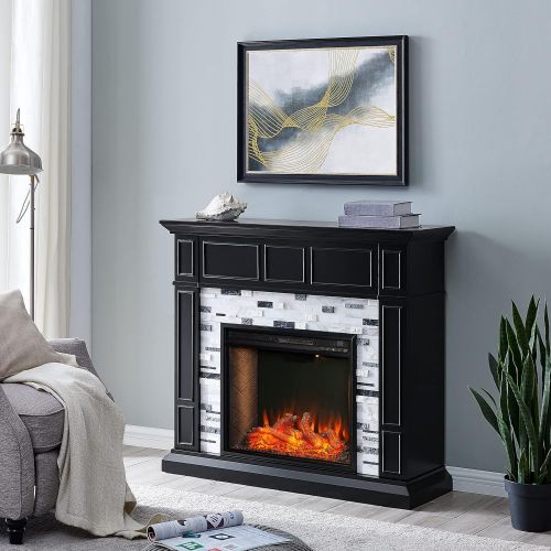  SEI Furniture Drovling Marble Tiled Alexa-Enabled Electric Fireplace, Black/White/Gray