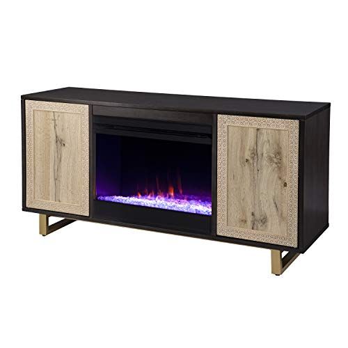  SEI Furniture Wilconia Color Changing Fireplace w/ Media Storage and Carved Details, Brown/Natural/Gold