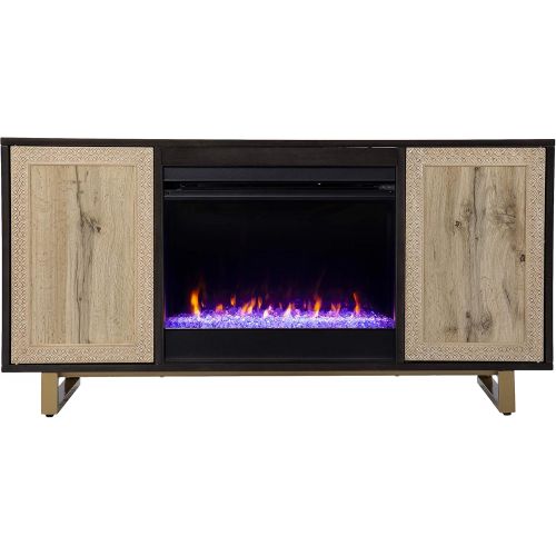  SEI Furniture Wilconia Color Changing Fireplace w/ Media Storage and Carved Details, Brown/Natural/Gold
