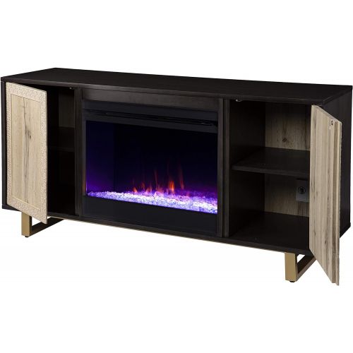  SEI Furniture Wilconia Color Changing Fireplace w/ Media Storage and Carved Details, Brown/Natural/Gold