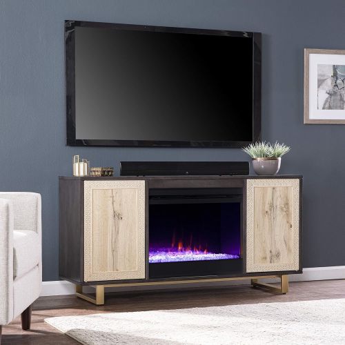  SEI Furniture Wilconia Color Changing Fireplace w/ Media Storage and Carved Details, Brown/Natural/Gold