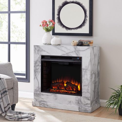  SEI Furniture Dendale Faux Marble Electric Fireplace, White/Gray Veining