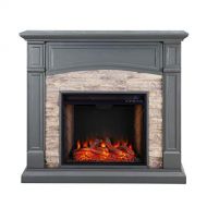 SEI Furniture Seneca Faux Stacked Stone Alexa-Enabled Electric Hidden Media Shelf Fireplace, Cool Slate Gray