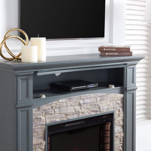  SEI Furniture Seneca Faux Stacked Stone Alexa-Enabled Electric Hidden Media Shelf Fireplace, Cool Slate Gray