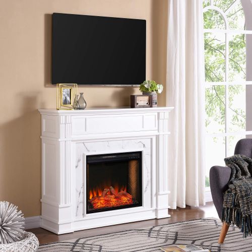  SEI Furniture Highgate Alexa-Enabled Electric Hidden Media Shelf Fireplace, White with Faux Marble