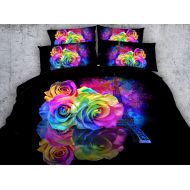 SEIAOING 3D Colorful Rose Bedding Set Twin Full Queen King Cal King Size Duvet Cover Set Linen Set Quilt Cover Luxury Wedding Pillow Cover Eiffel Tower Bedding for Girls Adults Tee