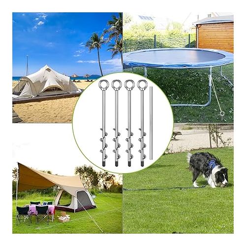  SELEWARE Heavy Duty Ground Anchors Tent Stakes Set of 4 Camping Stakes Trampoline Anchors Dog Tie Out Stakes, Twist Rod Included Easy Connection