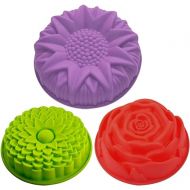 SENHAI 3 Pack Flower Shape Silicone Cake Bread Pie Flan Tart Molds, Large Round Sunflower Chrysanthemum Rose Shape Non-Stick Baking Trays for Birthday Party DIY - Yellow,Red,Purple