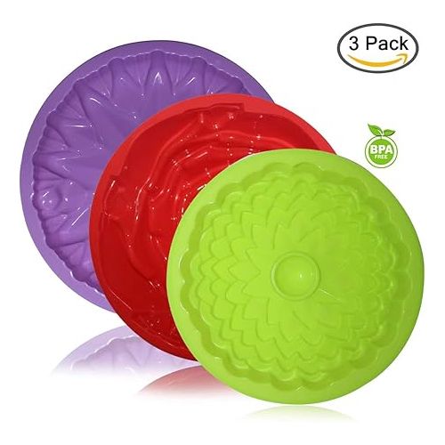  SENHAI 3 Pack Flower Shape Silicone Cake Bread Pie Flan Tart Molds, Large Round Sunflower Chrysanthemum Rose Shape Non-Stick Baking Trays for Birthday Party DIY - Yellow,Red,Purple