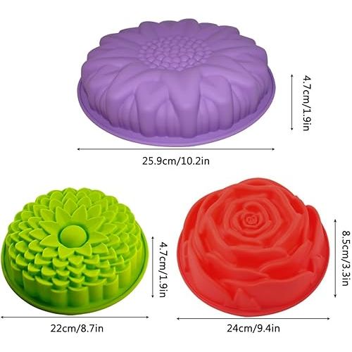  SENHAI 3 Pack Flower Shape Silicone Cake Bread Pie Flan Tart Molds, Large Round Sunflower Chrysanthemum Rose Shape Non-Stick Baking Trays for Birthday Party DIY - Yellow,Red,Purple