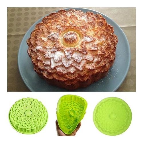  SENHAI 3 Pack Flower Shape Silicone Cake Bread Pie Flan Tart Molds, Large Round Sunflower Chrysanthemum Rose Shape Non-Stick Baking Trays for Birthday Party DIY - Yellow,Red,Purple