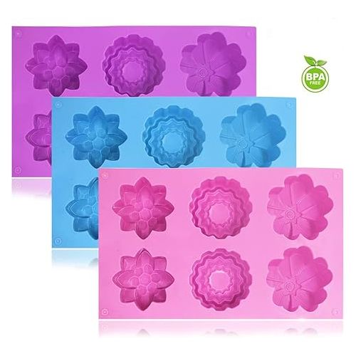  3 PCS Silicone Flower Cake Molds, SENHAI 6-Cavity Chocolate Biscuit Muffine Baking Pans Soap Making Trays - Pink, Blue, Purple