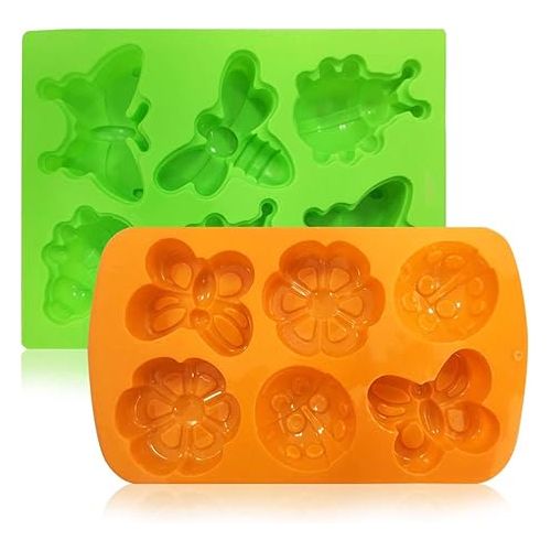 2 Pcs Insect shape Silicone Trays, SENHAI 6-Cavity 3D Dragonfly Butterfly Ladybug shape Cake Baking Molds, DIY Soap Handmade Muffin Biscuit Cookie Pans - Orange, Green