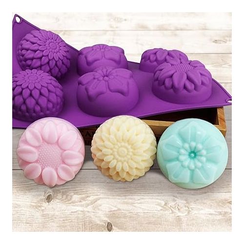  6-Cavity Silicone Flower Shape Cake Molds, SENHAI 3 Packs Fondant Shape Decorating Ice Cube Trays for Homemade Cake Chocolate Cupcake - Purple Blue Pink