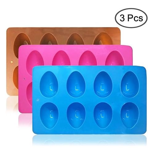  SENHAI 3 Pcs Egg Shape Silicone Molds, 8-Cavity Food-grade Baking Mold for DIY Cake Decoration,Chocolate, Pastry, Muffin, Bread, Ice Cube, Soap - Pink, Blue, Brown