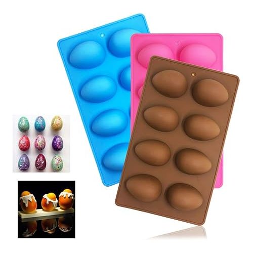  SENHAI 3 Pcs Egg Shape Silicone Molds, 8-Cavity Food-grade Baking Mold for DIY Cake Decoration,Chocolate, Pastry, Muffin, Bread, Ice Cube, Soap - Pink, Blue, Brown