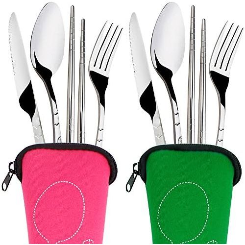  SENHAI 8 Pieces Flatware Sets Knife, Fork, Spoon, Chopsticks, 2 Pack Rustproof Stainless Steel Tableware Dinnerware with Carrying Case for Traveling Camping Picnic Working Hiking