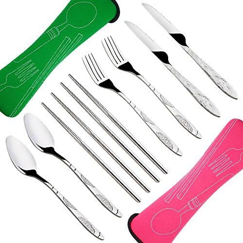  SENHAI 8 Pieces Flatware Sets Knife, Fork, Spoon, Chopsticks, 2 Pack Rustproof Stainless Steel Tableware Dinnerware with Carrying Case for Traveling Camping Picnic Working Hiking