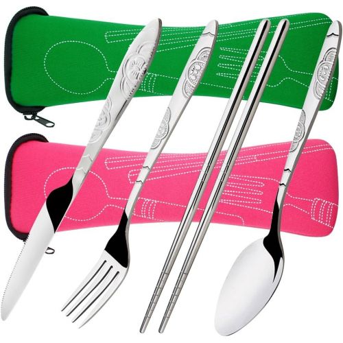  SENHAI 8 Pieces Flatware Sets Knife, Fork, Spoon, Chopsticks, 2 Pack Rustproof Stainless Steel Tableware Dinnerware with Carrying Case for Traveling Camping Picnic Working Hiking