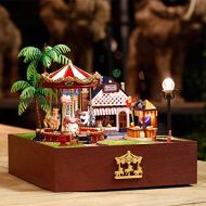 DIY Dollhouse Kit SENREAL Miniature Playground Carousel Model Music Box with Light