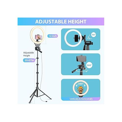  Sensyne 12-inch Ring Light with 67-inch Selfie Stick, Tripod and Phone Holder, Selfie Remote Control Circle Light for Live Stream/Video Recording/TikTok, Compatible with All Phones and Cameras