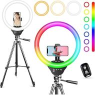 Sensyne 10'' RGB Ring Light with 50'' Extendable Tripod Stand, Circle Lights with Phone Holder for Live Stream/Makeup/YouTube Video/TikTok, Compatible with All Phones