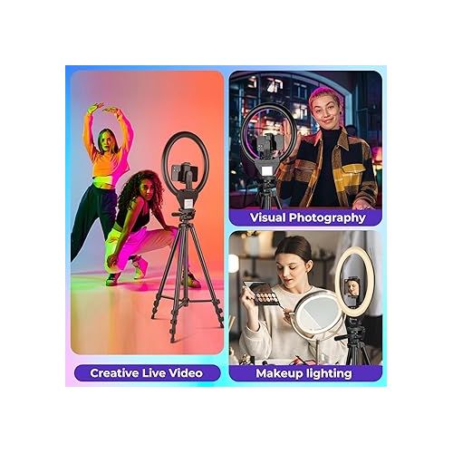  Sensyne 10'' RGB Ring Light with 50'' Extendable Tripod Stand, Circle Lights with Phone Holder for Live Stream/Makeup/YouTube Video/TikTok, Compatible with All Phones