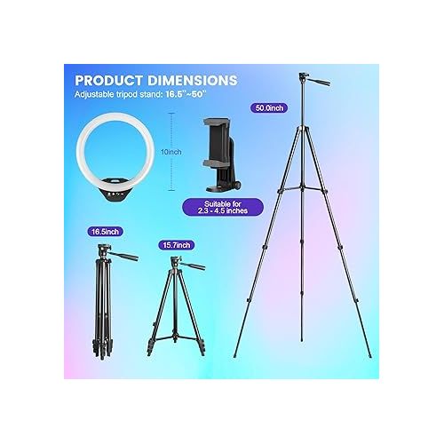  Sensyne 10'' RGB Ring Light with 50'' Extendable Tripod Stand, Circle Lights with Phone Holder for Live Stream/Makeup/YouTube Video/TikTok, Compatible with All Phones