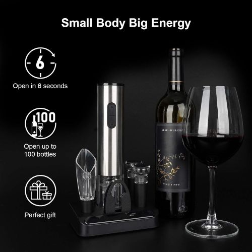  SENZER Electric Wine Opener Set Automatic Opener Set Reusable Corkscrew Gift Set with Base, Including Foil Cutter, 2 Vacuum Stoppers, 5-in-1 Aerator and Pourer Set for Kitchen Bar