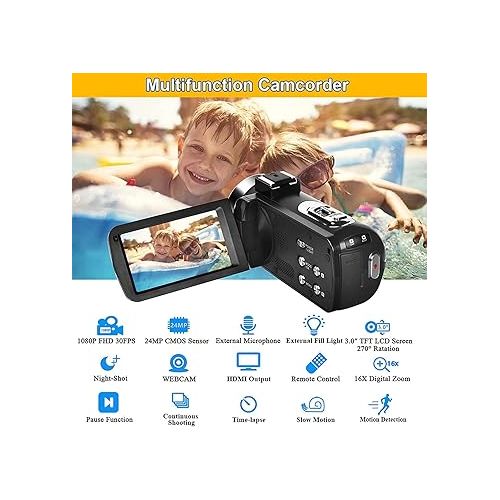  Video Camera Camcorder Full HD 1080P 30FPS 24.0 MP IR Night Vision Vlogging Camera Recorder 3.0 Inch IPS Screen 16X Zoom Camcorders Camera Remote Control with 2 Batteries