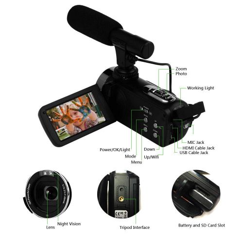  SEREE Camcorder 4K 30MP WiFi Control Digital Camera 3.0” Touch Screen Night Vision Video Camcorder Vlogging Camera with External Microphone