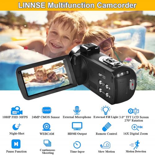  [아마존베스트]LINNSE Video Camera Camcorder Full HD 1080P 30FPS 24.0 MP IR Night Vision Vlogging Camera Recorder 3.0 Inch IPS Screen 16X Zoom Camcorders YouTube Camera Remote Control with 2 Batteries