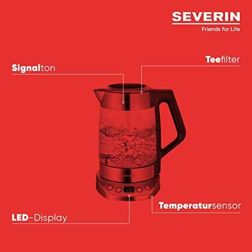  SEVERIN Glas-Tee-/Wasserkocher Deluxe, Mit Temperaturregler (Fuer 1,7 L Wasser/1,5 L Tee, ca. 3.000 W, WK 3479) edelstahl/schwarz